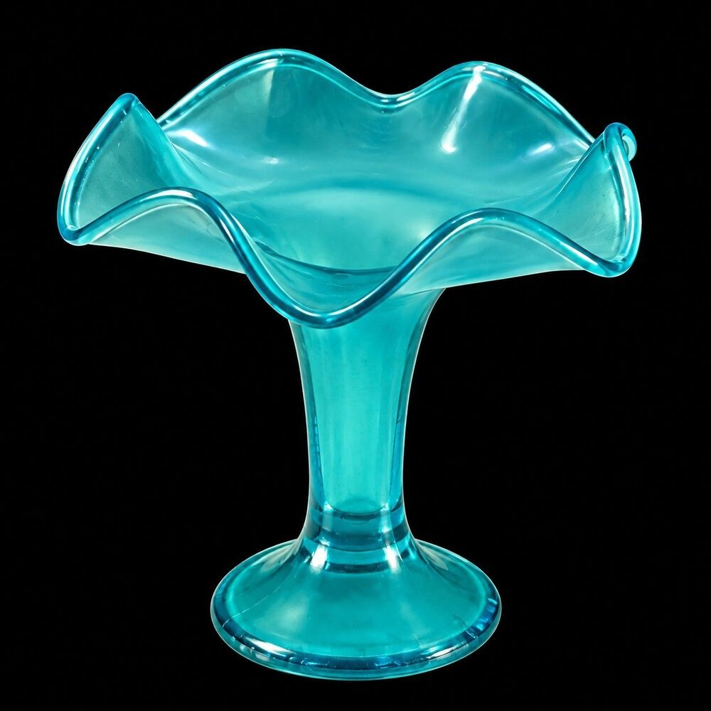 Antique Fenton Aquamarine Stretch Glass Pedestal Compote, Irrdescent Satin, 5.5"